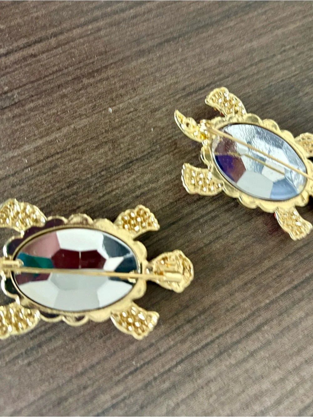 2 Rhinestone Turtle Brooches - Pink & Gold